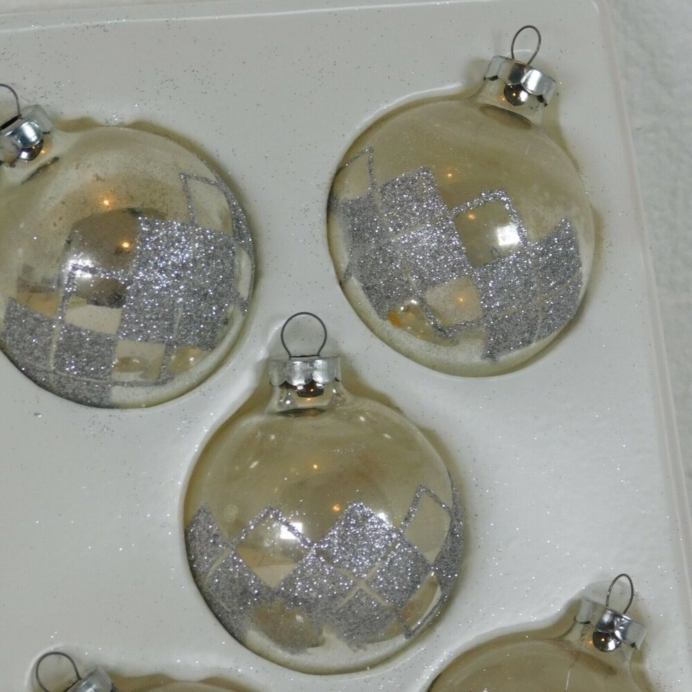 Pyramid Rauch Silver Glitter Christmas Ornaments Lot of 5 Vintage Made USA Box - Picture 2 of 7